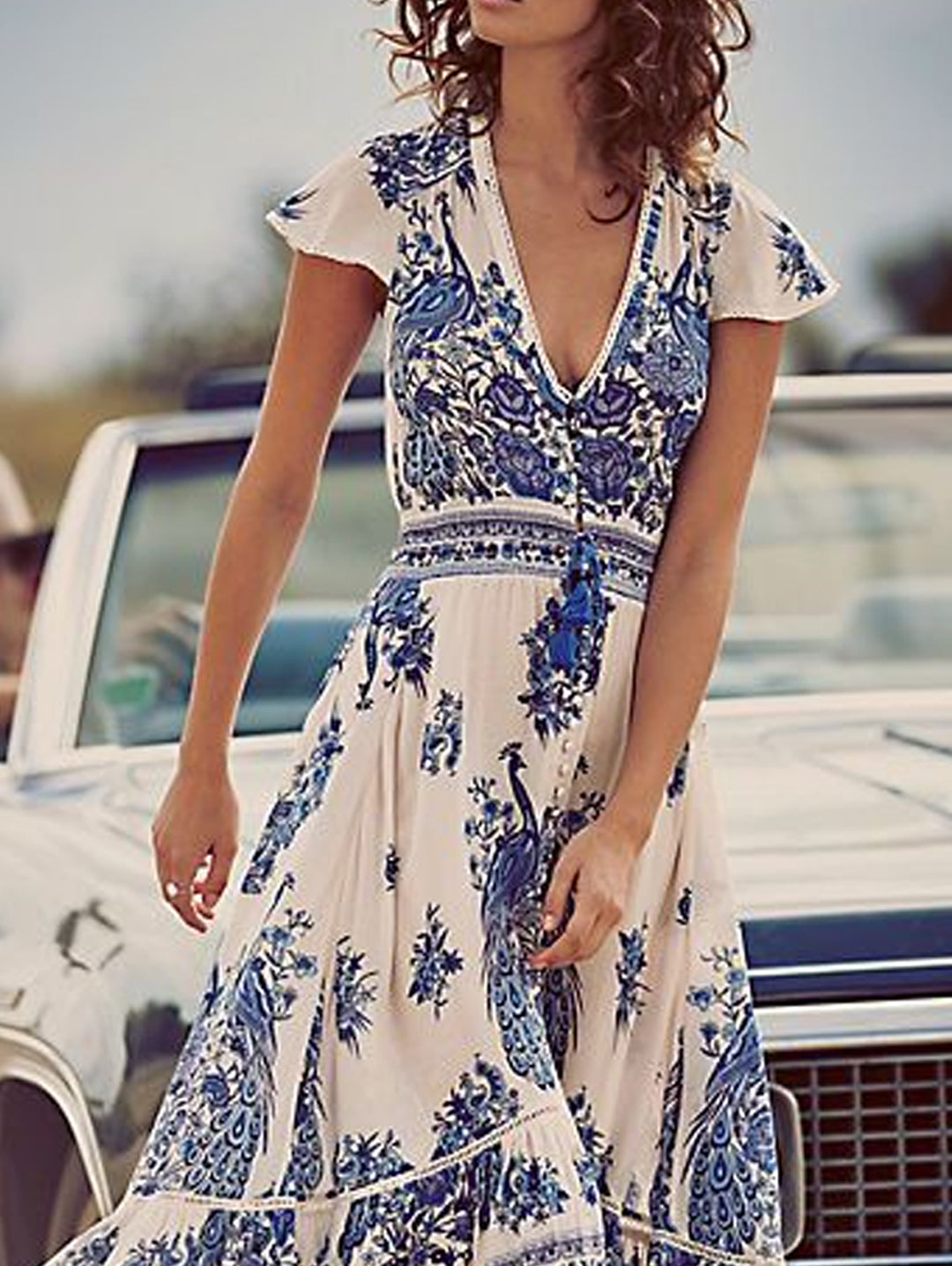 White Peacock Floral Print Maxi Dress Cap Sleeve