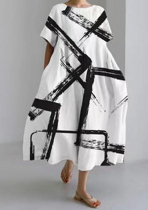 Black White Lines Dresses Pockets Patchwork Summer