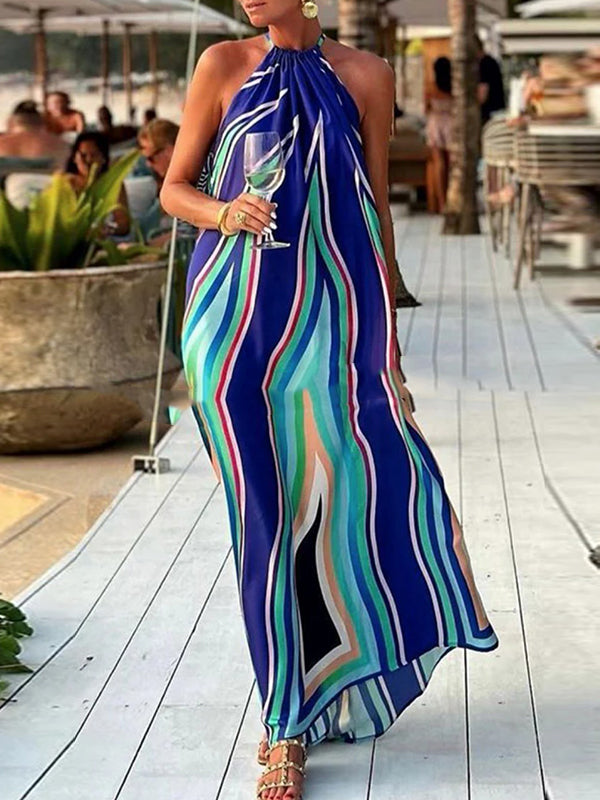 Loose Colorful Striped Halter-Neck Maxi Dresses Sleeveless