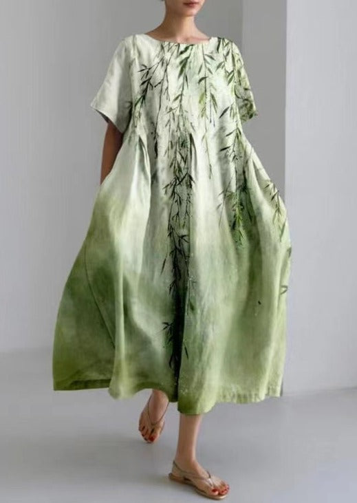 Green Willow Leaves Dresses Pockets Patchwork Summer