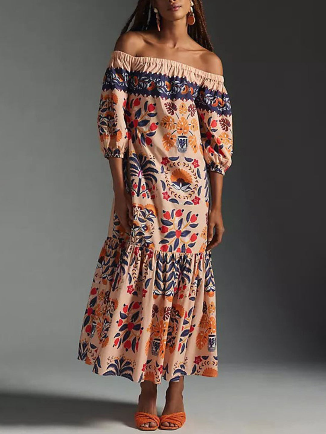 Retro Floral Off The Shoulder Maxi Dress Lantern Sleeve