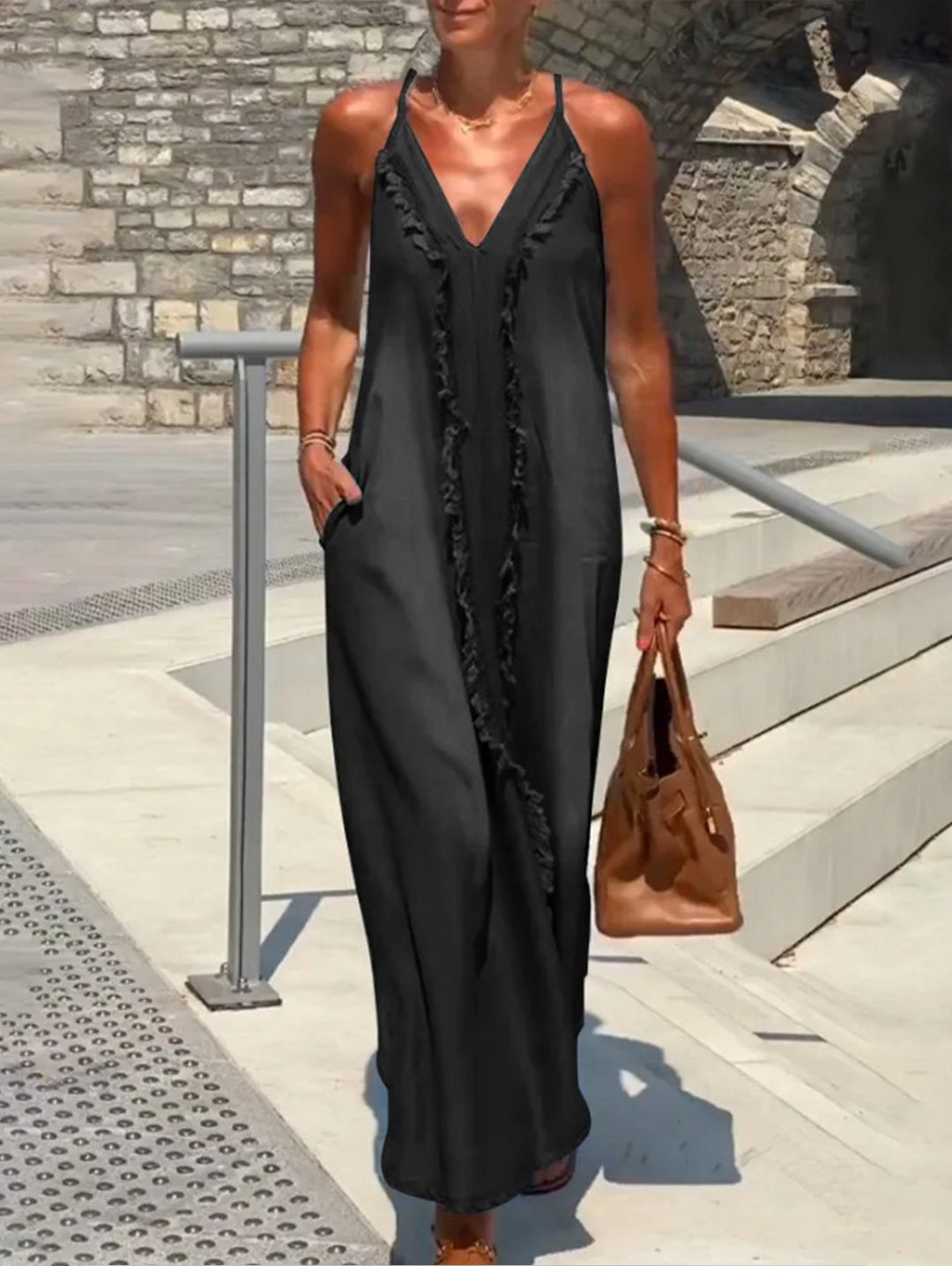 Raw Edge V Neck Pocket Maxi Dress Sleeveless