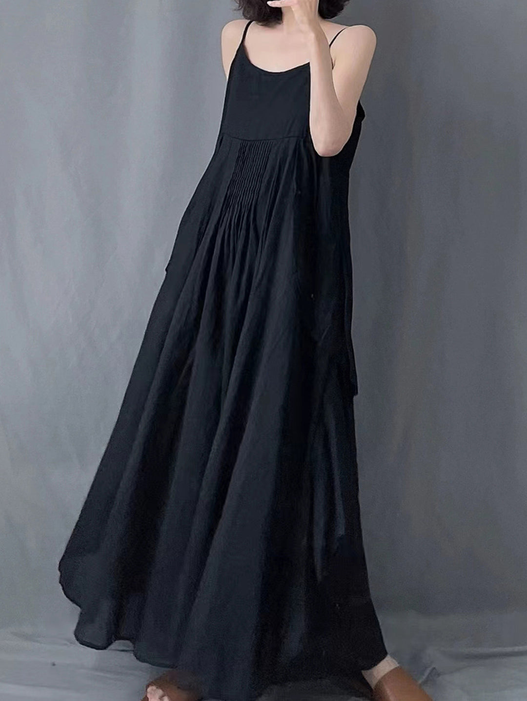 Black Pleated Irregular Suspender Maxi Dress Sleeveless