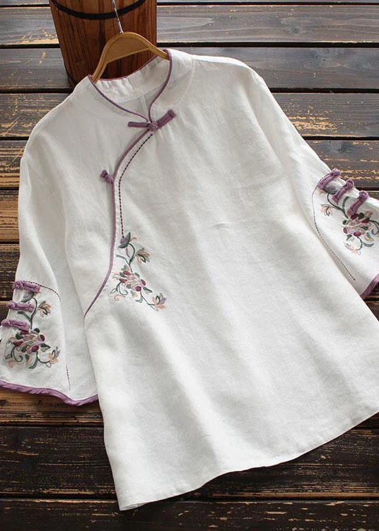 Grace White Embroidered Button Blouse Tops Half Sleeve