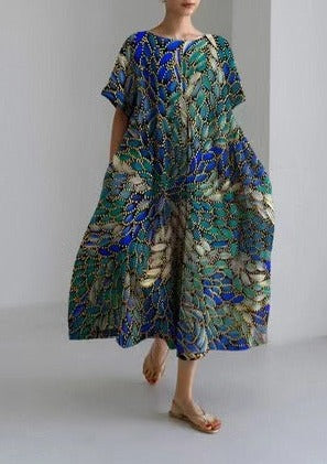 Blue Green Cotton Dresses Pockets Patchwork Summer