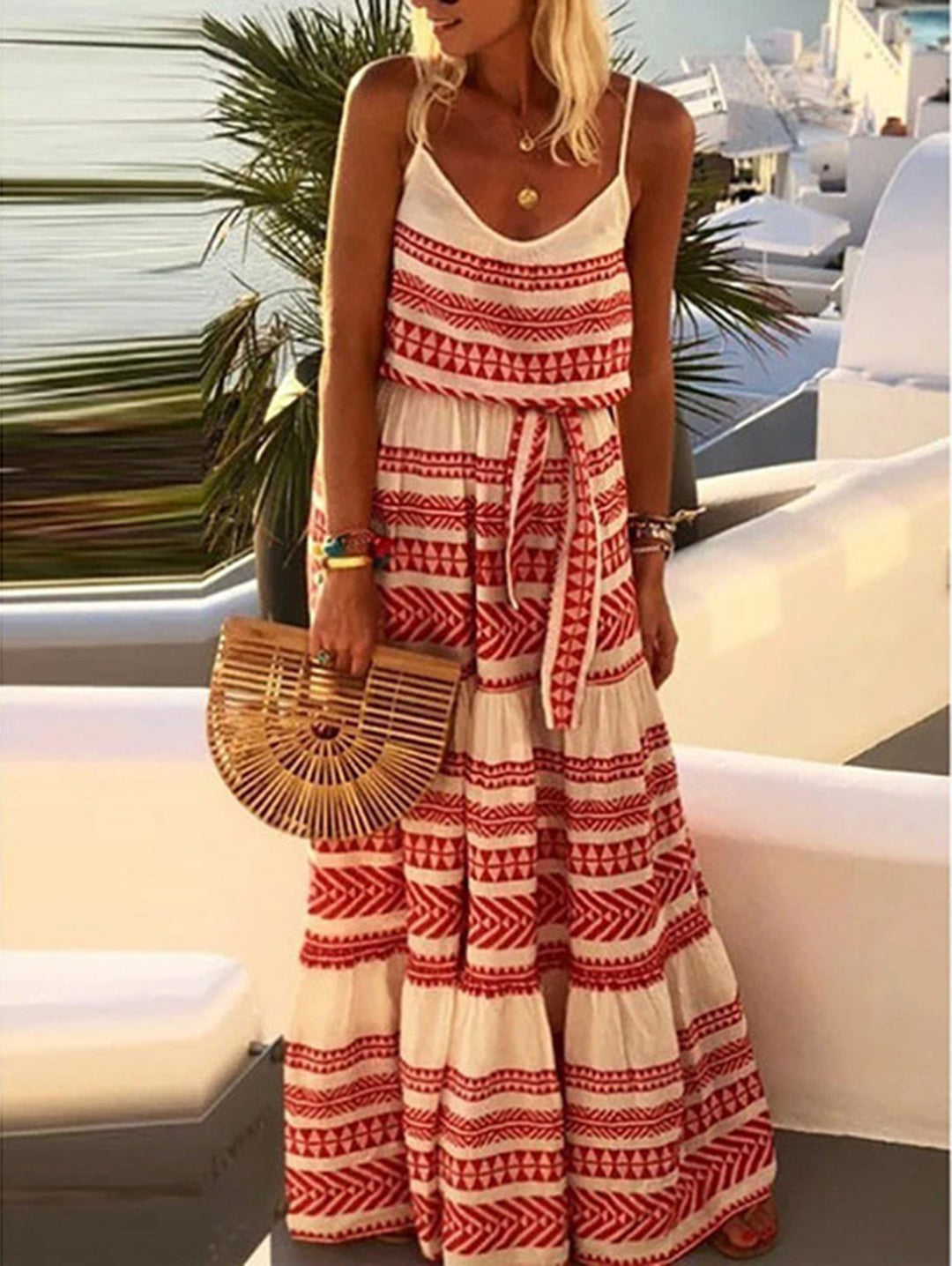 Red Boho Geo Pattern V Neck Maxi Dress