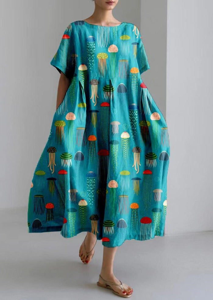 Blue Jellyfish Cotton Dresses Pockets Patchwork Summer