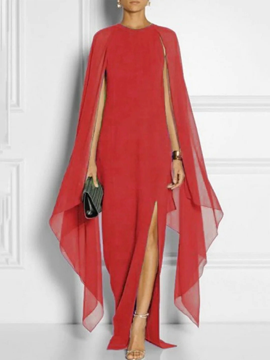 Elegant Thigh Split Hem Cloak Sleeve Maxi Dress