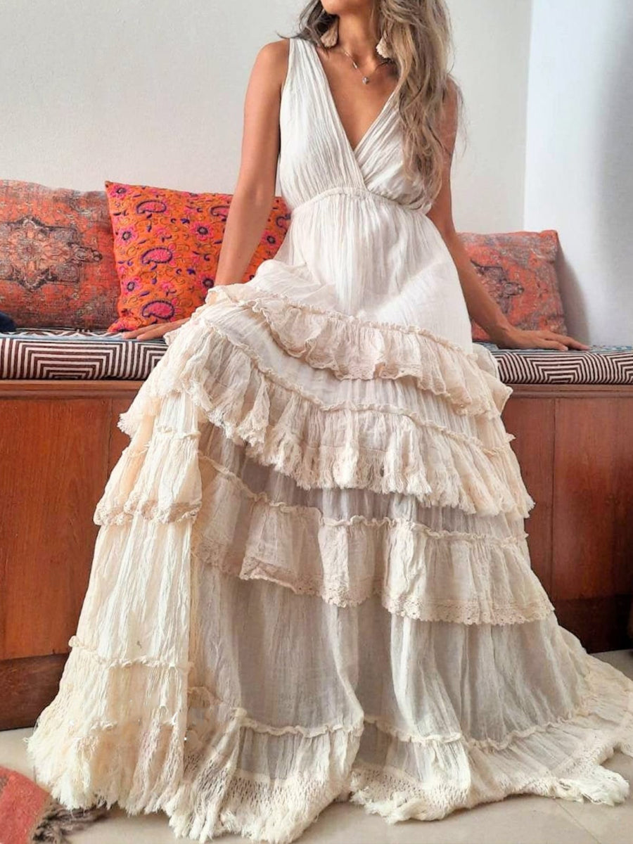 Casual White Tiered Ruffle Fringe Solid Maxi Dress