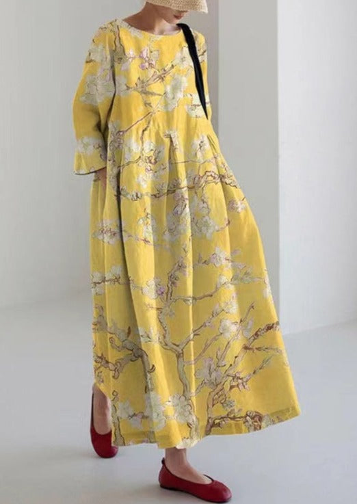 Yellow Plum Flower Dresses Pockets Patchwork Summer