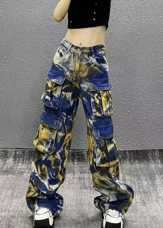 American Style Camouflage Pink Pockets Denim Straight Pants Fall