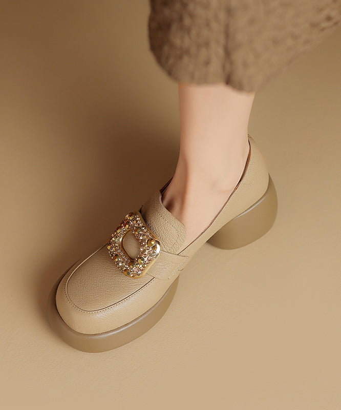 Apricot Chunky Sheepskin Soft Splicing Zircon Loafers For Women