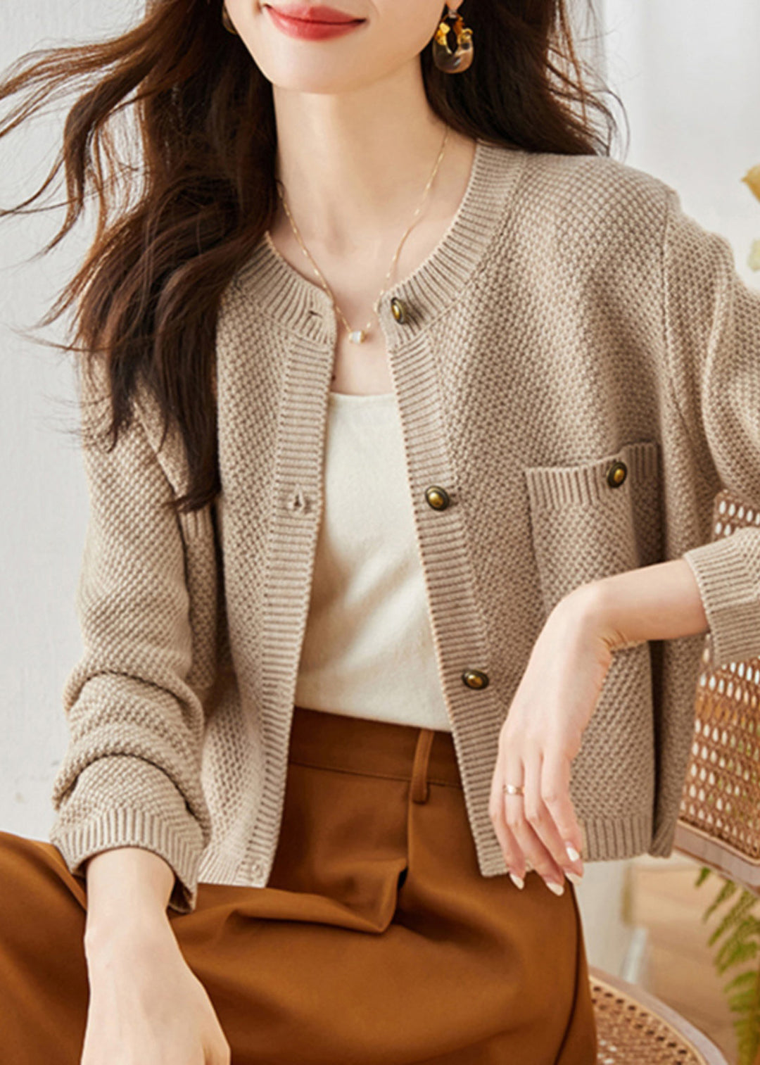 Apricot Cozy Knit Cardigans Metal Button Spring