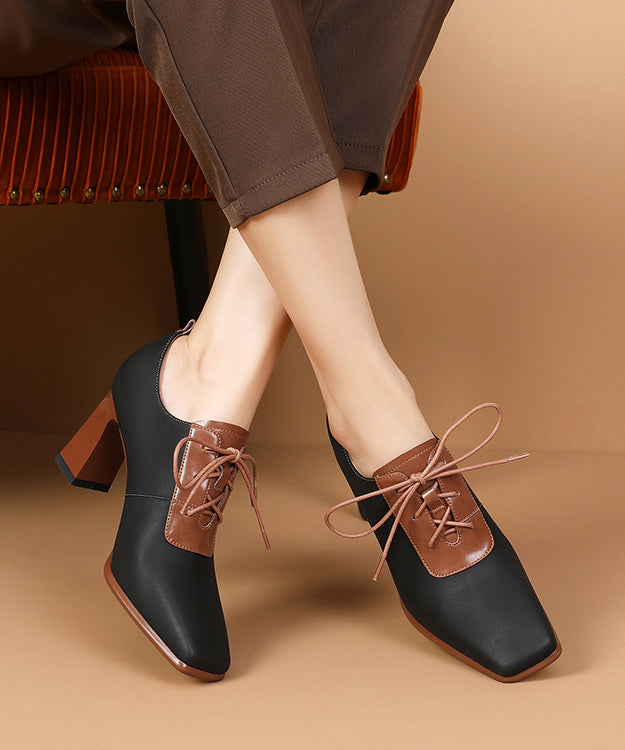 Apricot Lace Up Splicing Classy Sheepskin Chunky High Heels