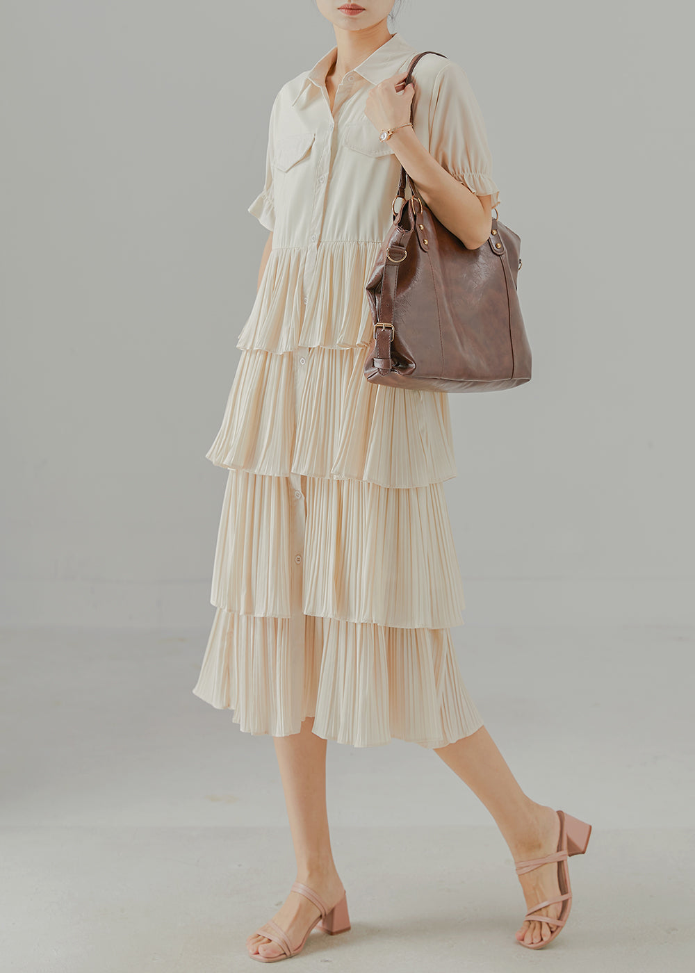 Apricot Patchwork Chiffon Dress Layered Ruffled Summer