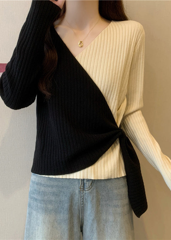 Apricot Patchwork Knit Top Asymmetrical Cross Strap Fall