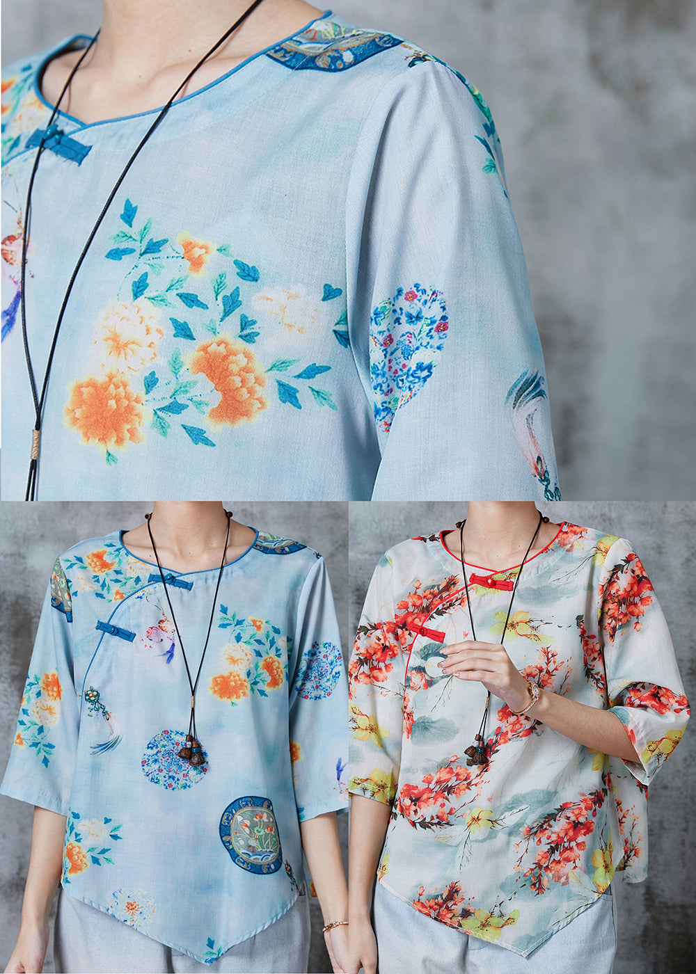 Apricot Print Linen Shirt Top Chinese Button Summer