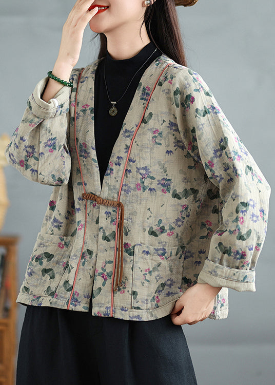 Apricot Print Pockets Cotton Fall Coats V Neck