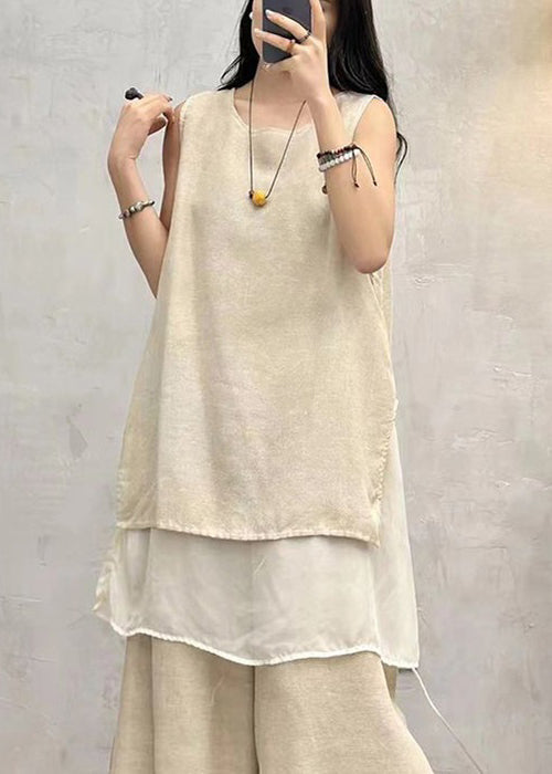 Apricot Side Open Patchwork Cotton Tank O Neck Summer