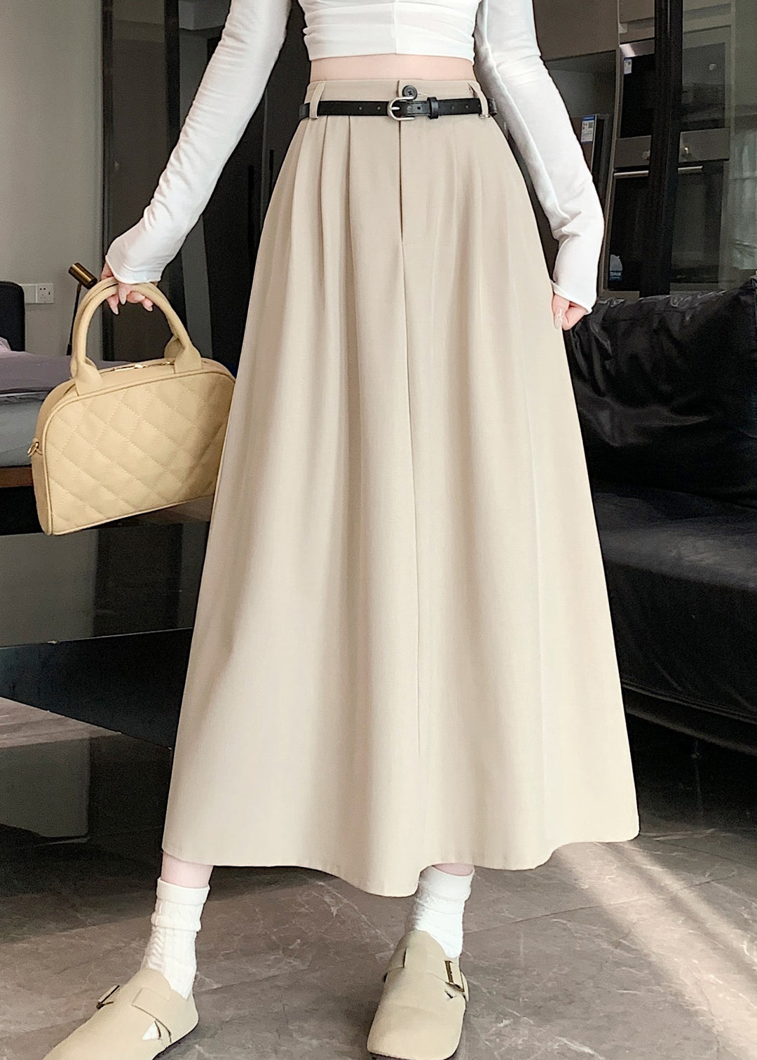 Apricot Simple Style High Waist Wrinkled Skirts Spring