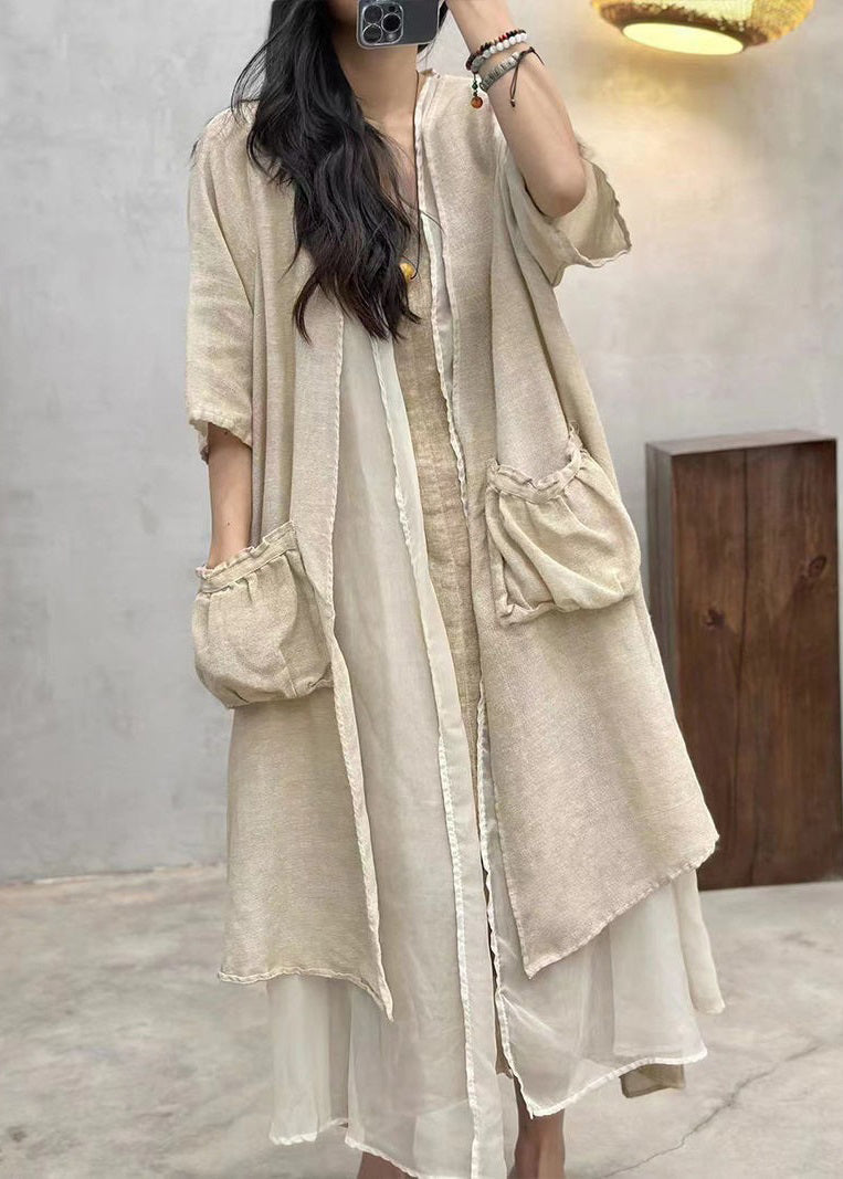 Apricot Solid Loose Cotton Long Cardigan Pockets Half Sleeve