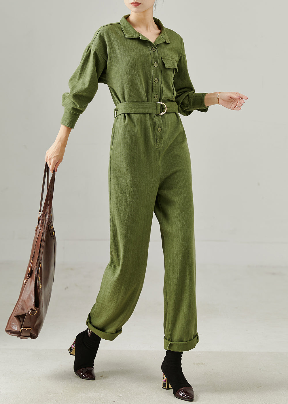 Army Green Cotton Overalls Jumpsuits Tie Waist Fall