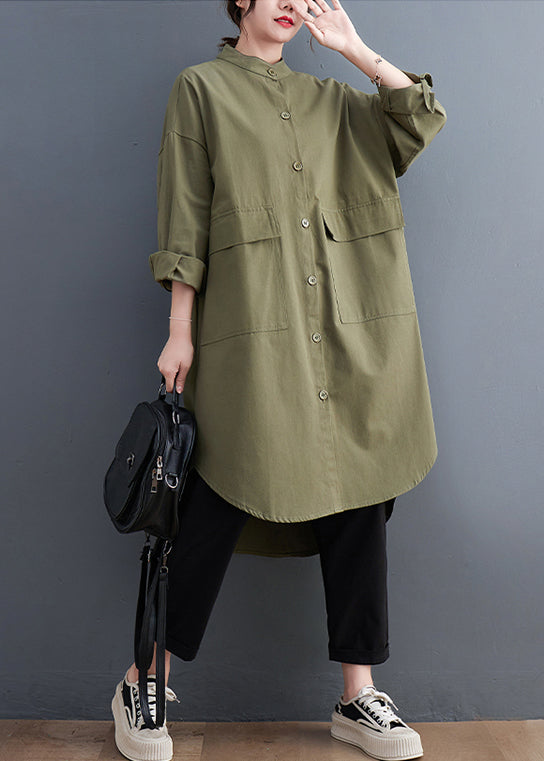 Army Green Oversized Cotton Shirt Dresses Pockets Fall