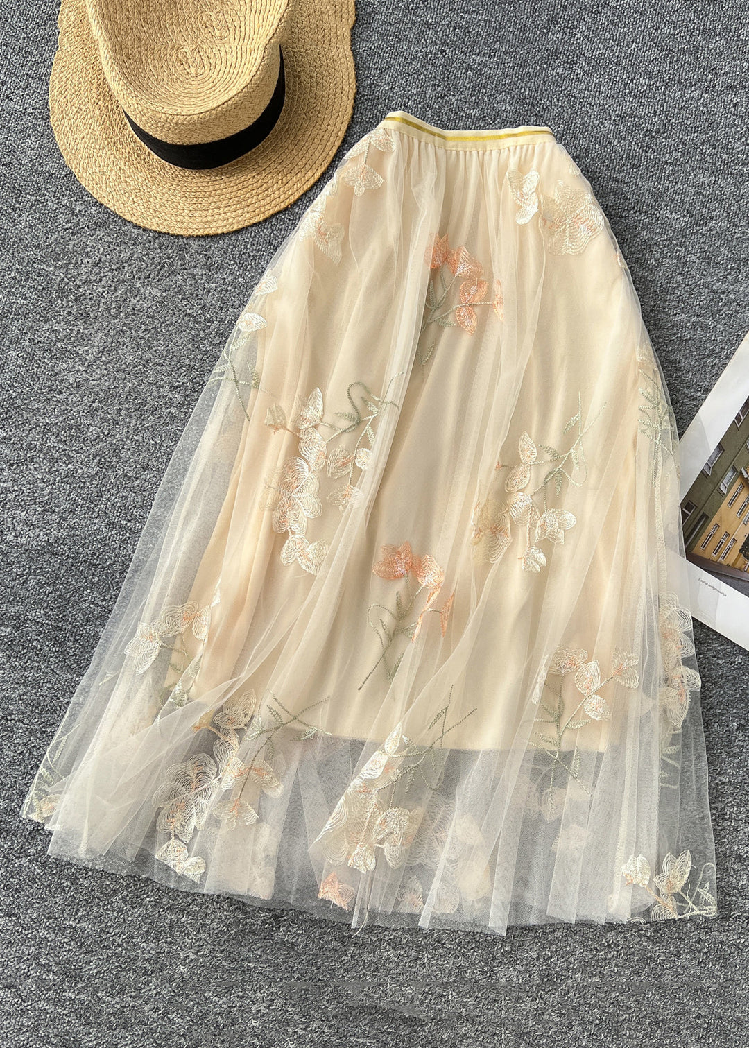 Art Apricot Embroidered High Waist Tulle Skirts Fall