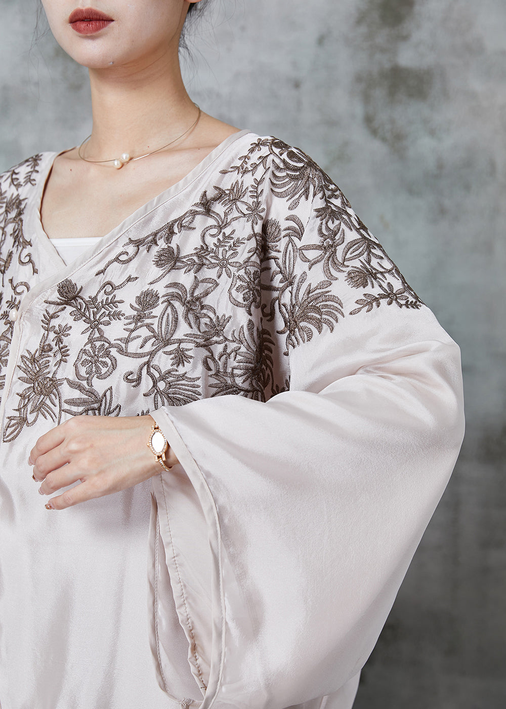 Art Apricot Embroidered Oversized Silk Shirt Tops Spring