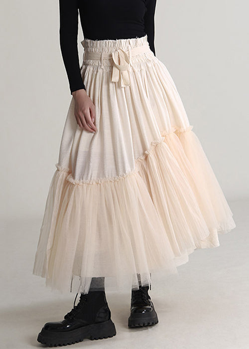 Art Apricot Ruffled Lace Up Tulle Patchwork Skirts Spring