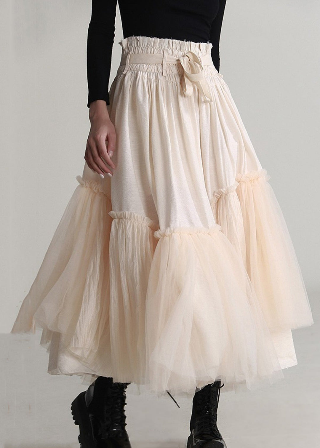 Art Apricot Ruffled Lace Up Tulle Patchwork Skirts Spring