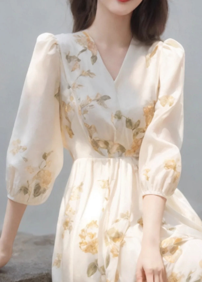 Art Beige V Neck High Waist Chiffon Dress Bracelet Sleeve