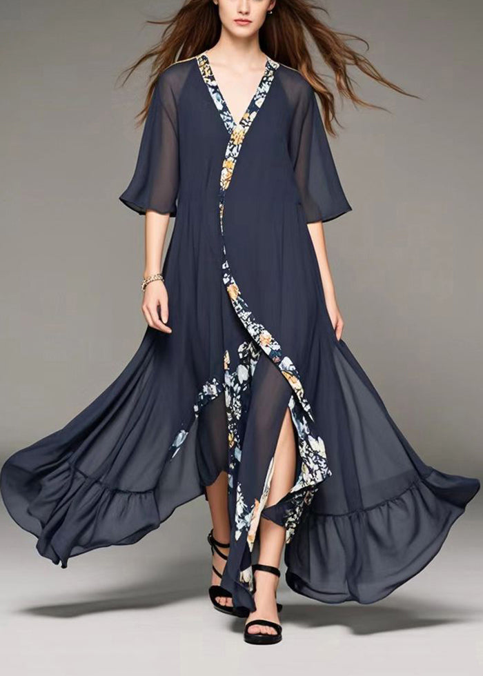 Art Black Asymmetrical Patchwork Chiffon Long Dresses Summer