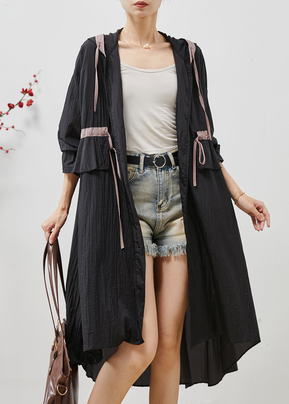 Art Black Hooded Drawstring Linen Cardigan Summer