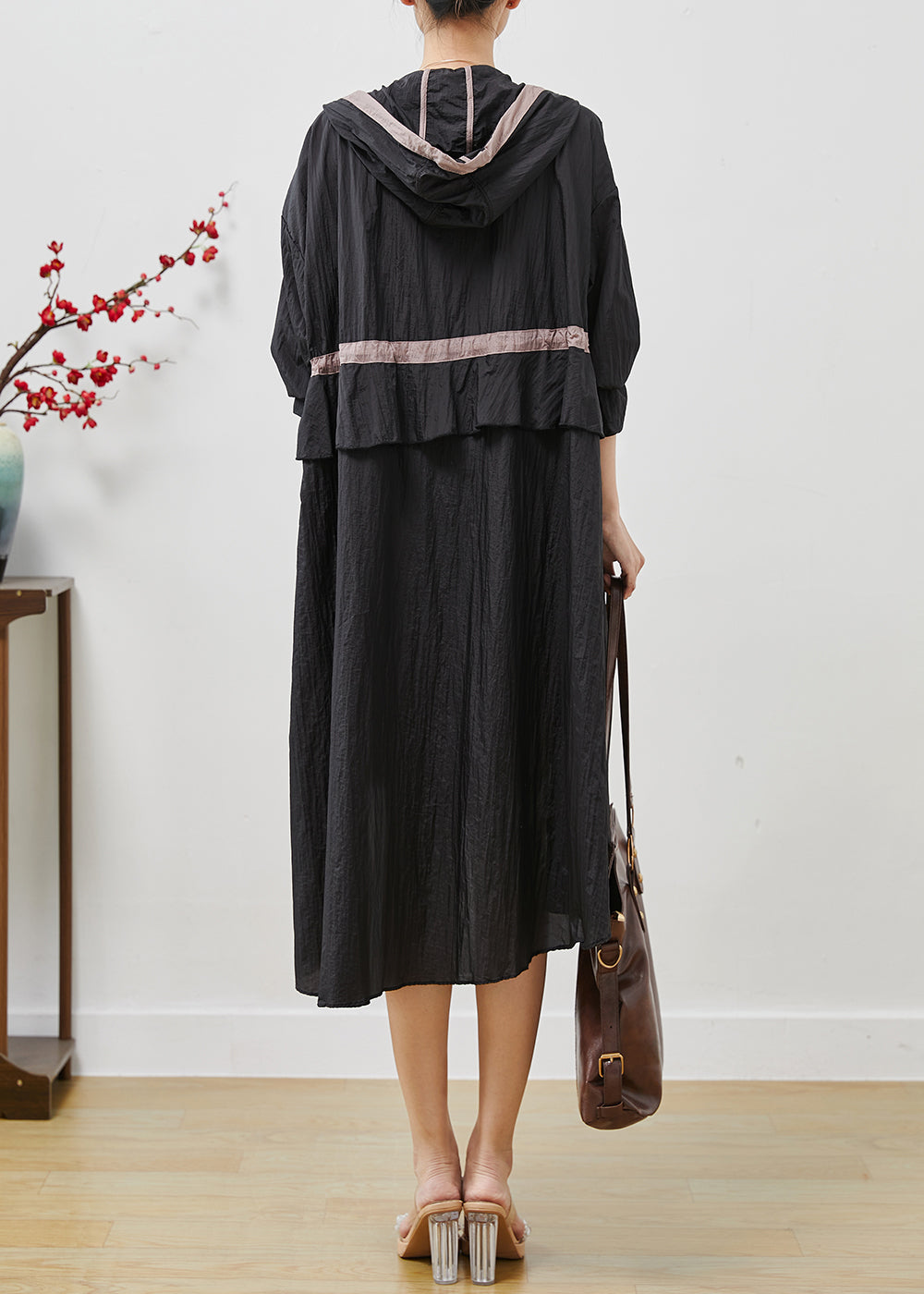 Art Black Hooded Drawstring Linen Cardigan Summer