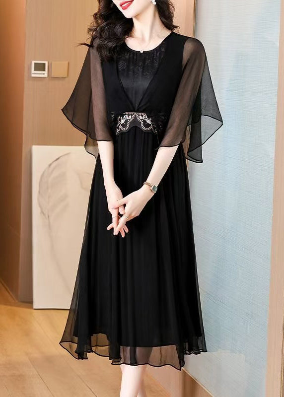 Art Black O Neck High Waist Silk Long Dress Batwing Sleeve