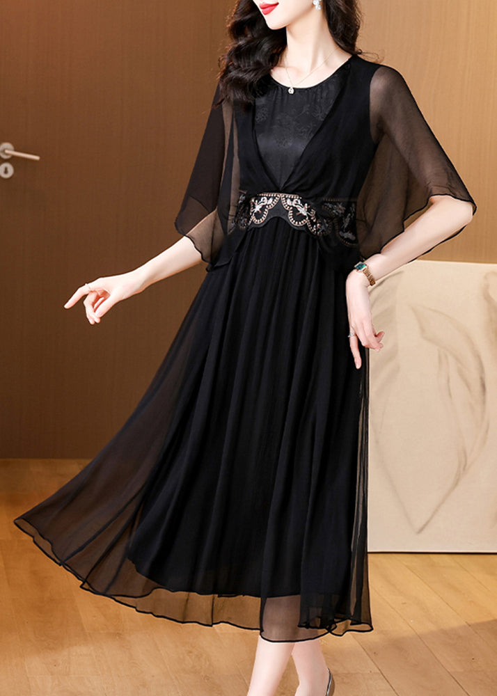 Art Black O Neck High Waist Silk Long Dress Batwing Sleeve