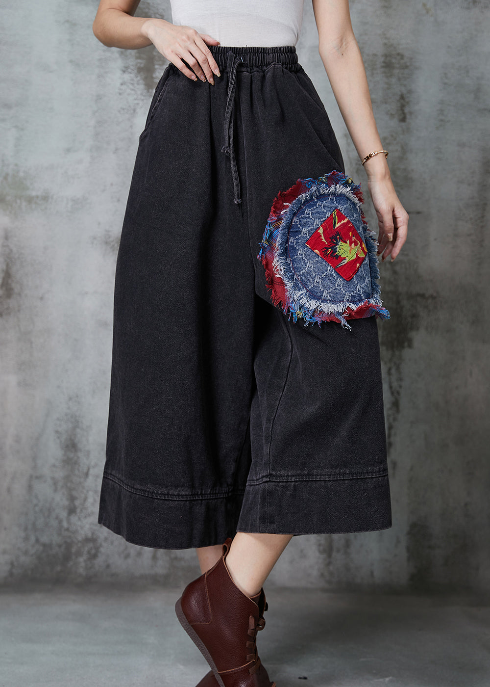 Art Black Oversized Patchwork Denim Wide Leg Pants Summer