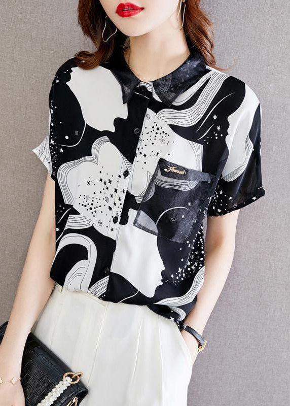 Art Black Peter Pan Collar Print Pockets Chiffon Shirt Short Sleeve