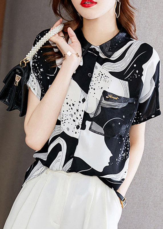 Art Black Peter Pan Collar Print Pockets Chiffon Shirt Short Sleeve