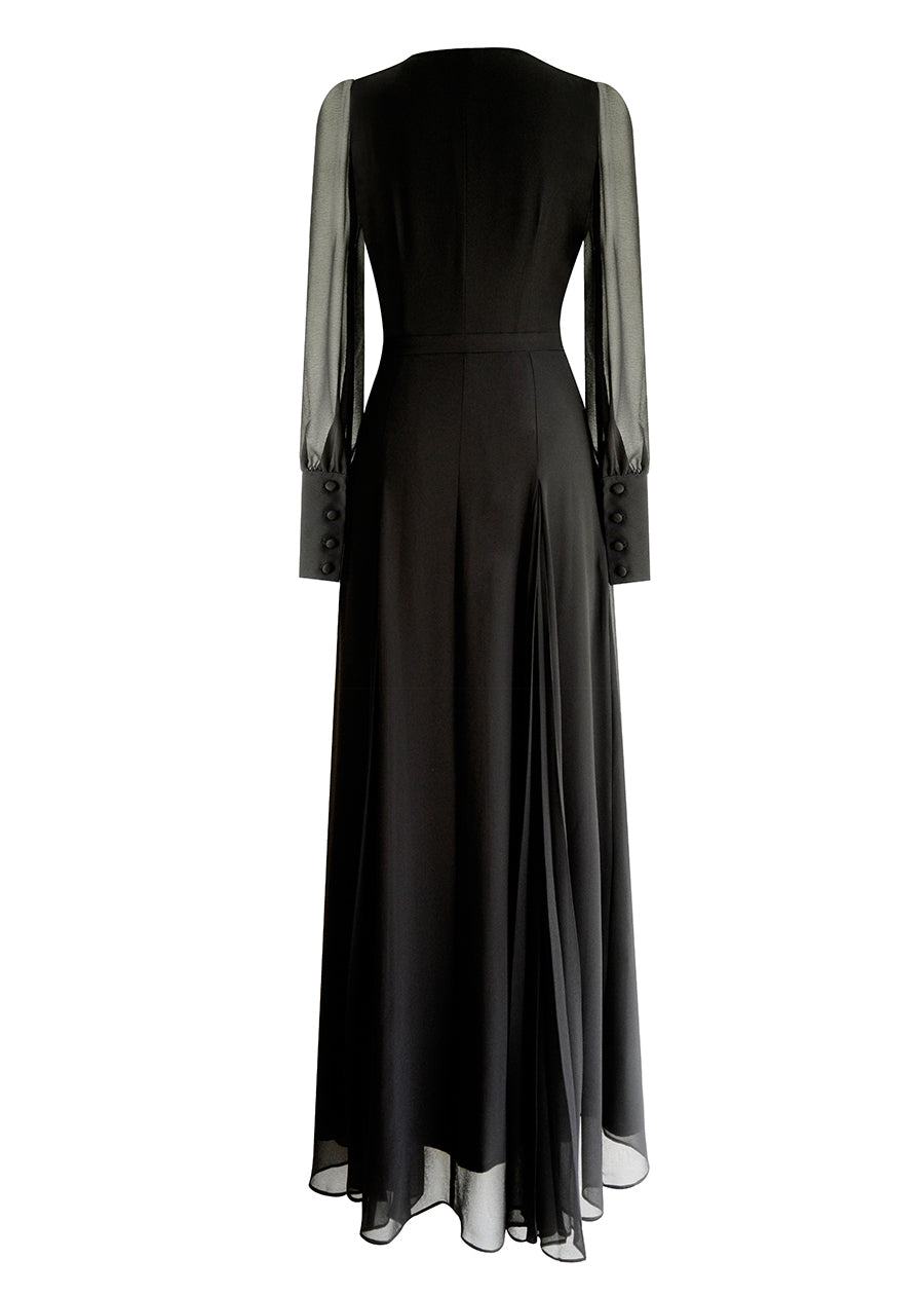 Art Black V Neck Slim Fit Silk Long Dress Spring