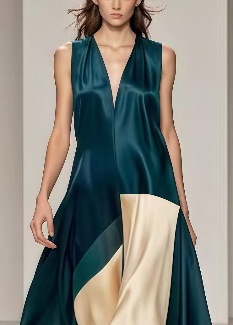 Art Blackish Green V Neck Patchwork Draping Silk Dress Summer