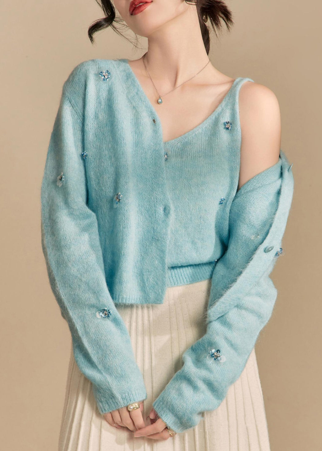 Art Blue Button Cardigans And Tank Knit Two Piece Set Spring