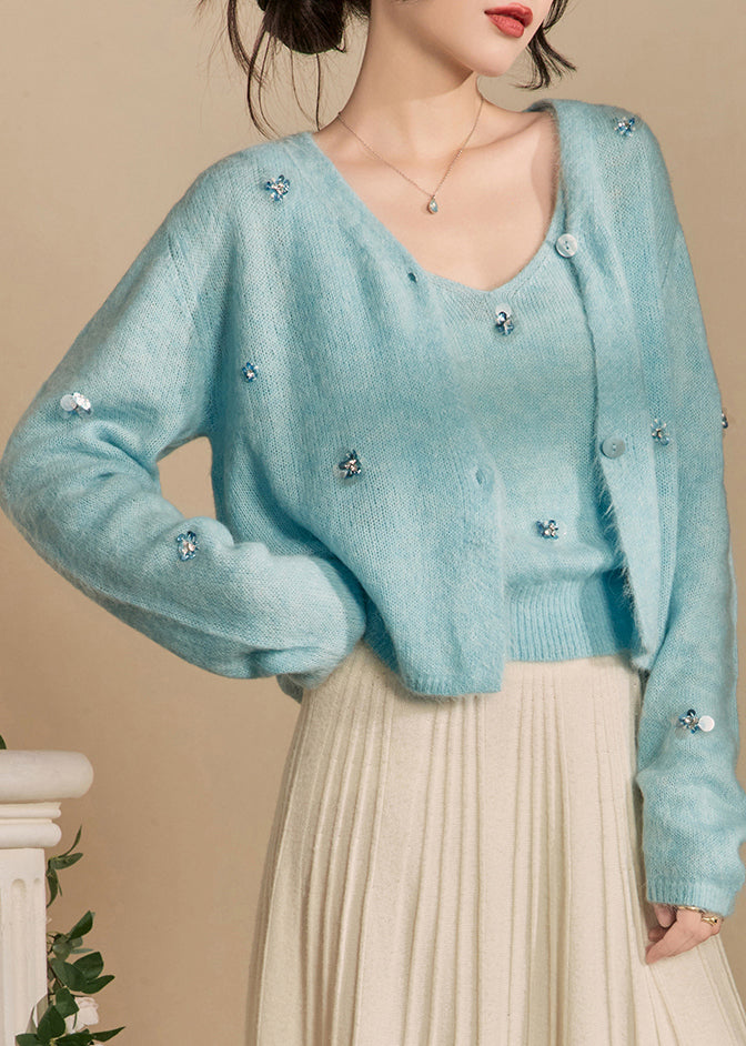 Art Blue Button Cardigans And Tank Knit Two Piece Set Spring