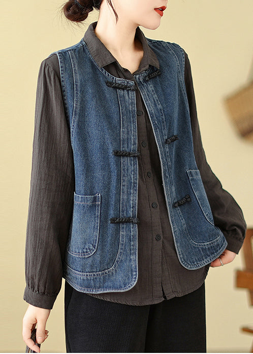 Art Blue Chinese Button Denim Vest Spring