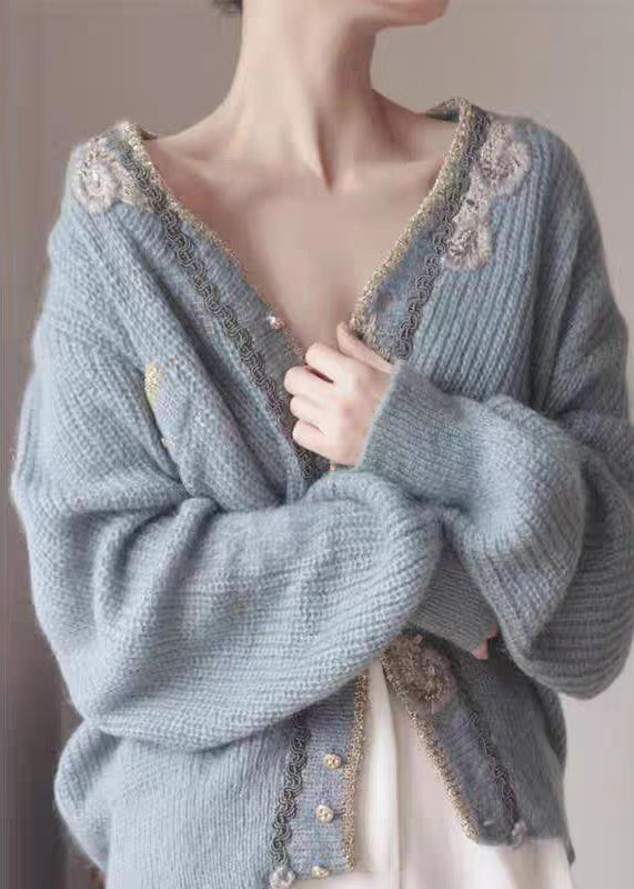 Art Blue Embroidered Button Knit Cardigans Spring