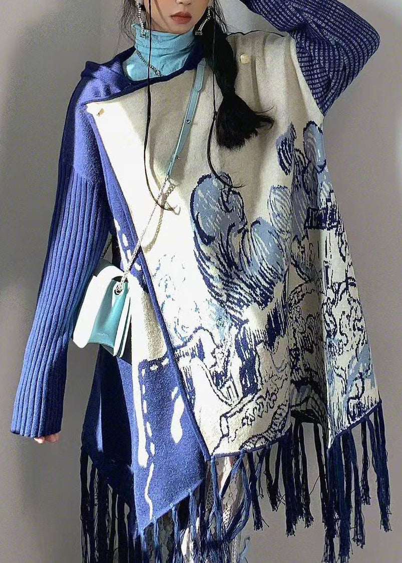 Art Blue Hooded Tasseled Print Knit Dresses Fall