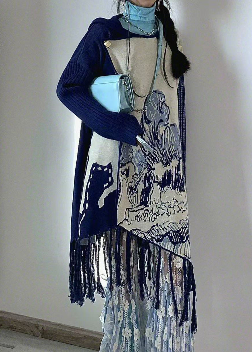 Art Blue Hooded Tasseled Print Knit Dresses Fall