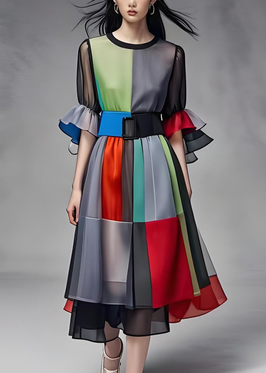 Art Colorblock O Neck Tie Waist Patchwork Chiffon Dress Summer