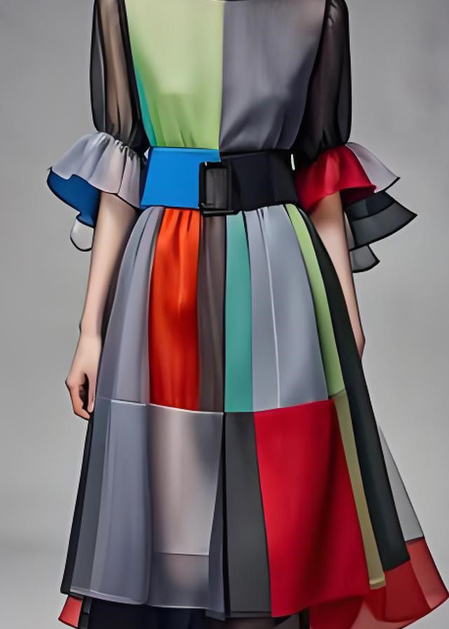 Art Colorblock O Neck Tie Waist Patchwork Chiffon Dress Summer